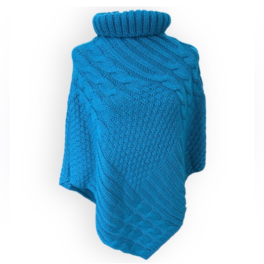 Chico’s Chunky Cable Knit Poncho in Peacock Blue in S/M Cozy Sophisticated Boho